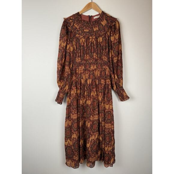 Ulla Johnson Long Sleeve Smocked Multi Brown Midi Dress Brown Rust Size 6 - Picture 1 of 11